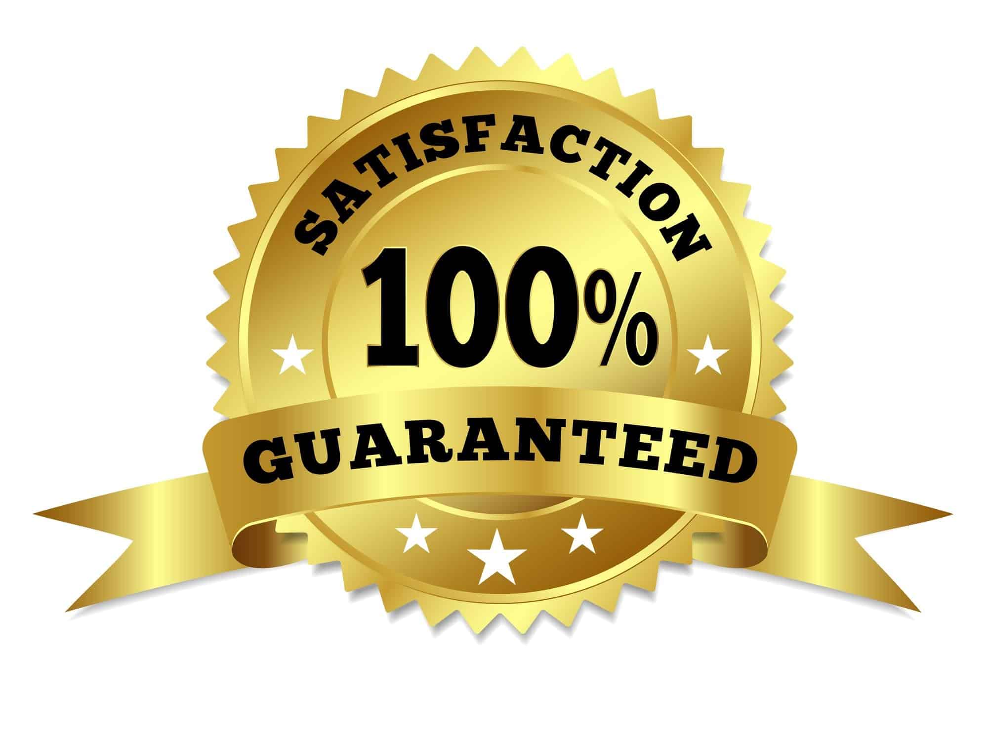 Vector gold circular label badge with text 100 percent satisfaction guaranteed, medal with ribbon and stars on white background.